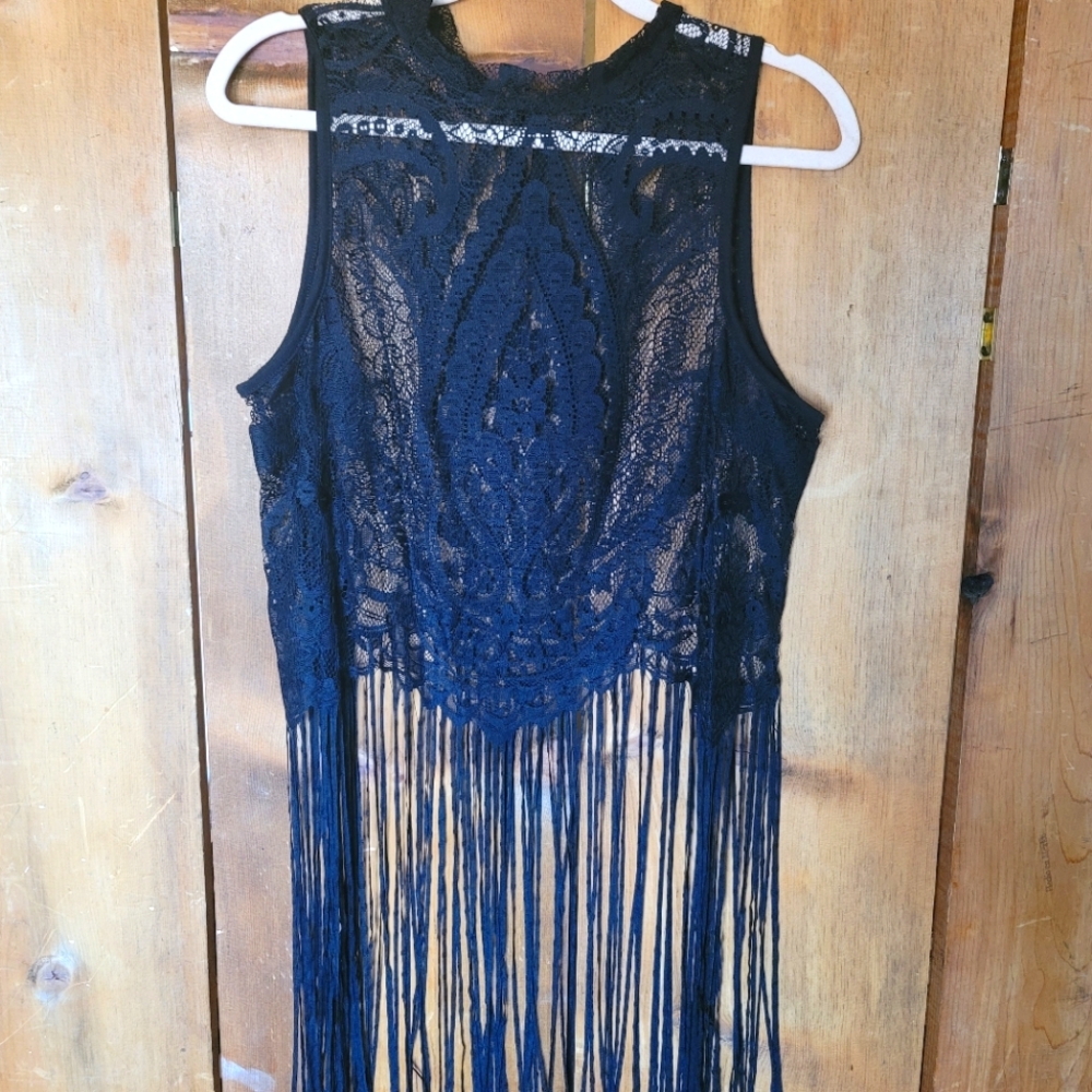 Torrid cowboy goth sheer lace fringe top black top Sz 00